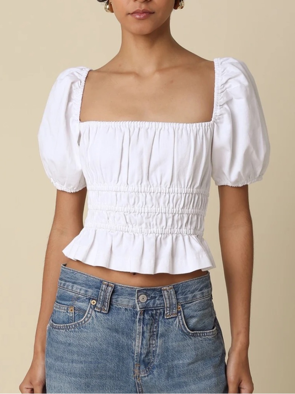 NWT Olivaceous White Smocked Square-Neck Puff Sleeve Top